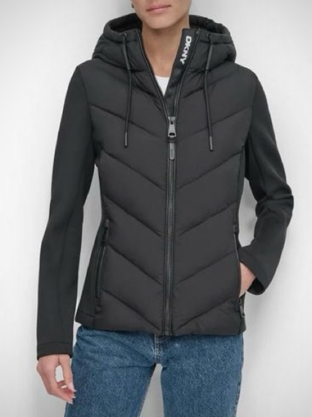 DKNY Mixed Media Hooded Puffer Jacket - Black Scuba Hybrid - Size M